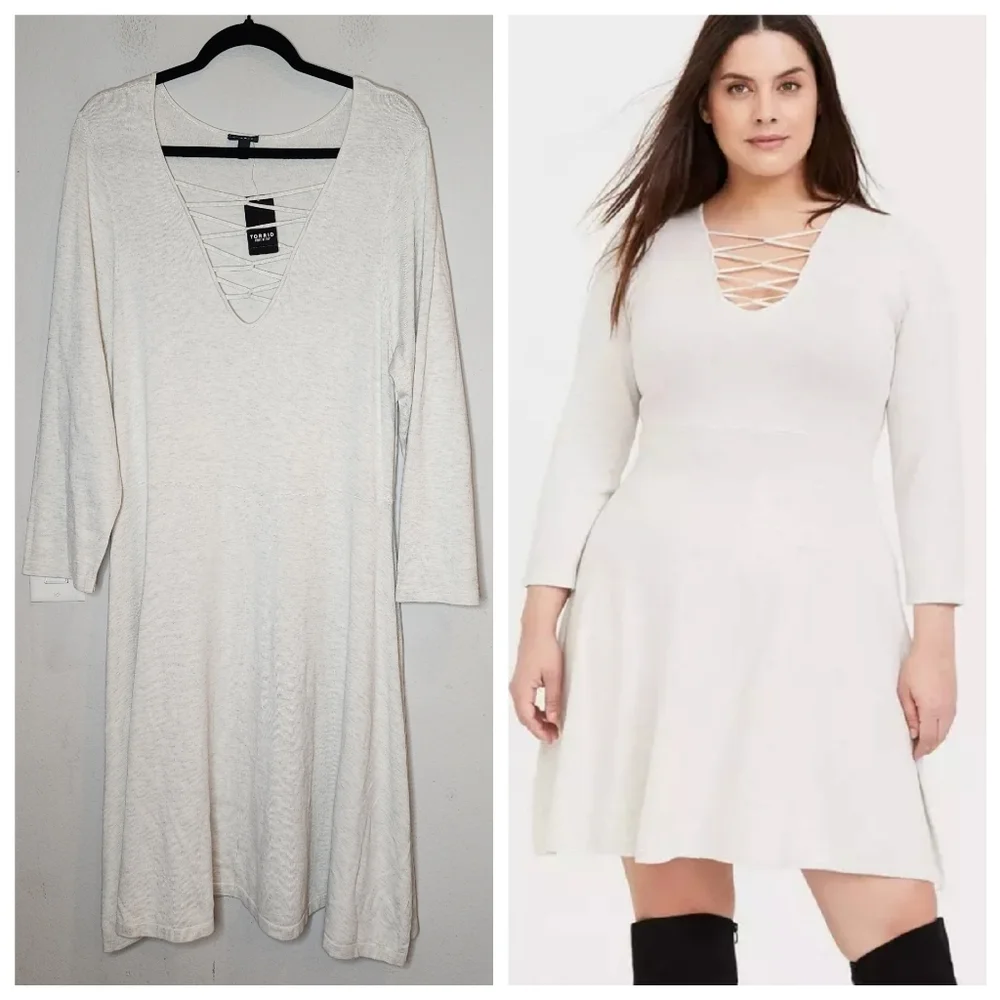 NWT‎ Torrid Mini Sweater Cross Front Skater Dress Beige Greige Oatmeal Size 3X